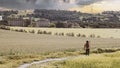 Traveler walking along a path in the countryside of a Spanish village. Empty copy space for publisher content Royalty Free Stock Photo