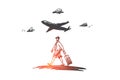 Traveler, walking, suitcase, airport concept. Hand drawn isolated vector.