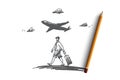 Traveler, walking, suitcase, airport concept. Hand drawn isolated vector.