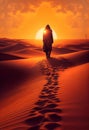 The traveler walks along the sand dunes against the backdrop of the setting sun. AI generated Royalty Free Stock Photo