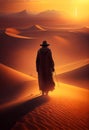 The traveler walks along the sand dunes against the backdrop of the setting sun. AI generated Royalty Free Stock Photo