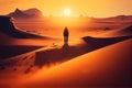 The traveler walks along the sand dunes against the backdrop of the setting sun. AI generated Royalty Free Stock Photo