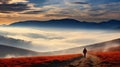 a traveler walks along the trail, a beautiful landscape with mountains at sunset, sunlight in a dramatic sky with clouds, Royalty Free Stock Photo