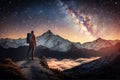 Traveler watching starry sky and sunrise in mountains, generative ai