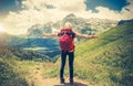 Traveler Woman with backpack hands raised mountaineering Royalty Free Stock Photo