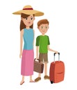 Traveler woman and boy tourist with suitcase hat
