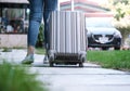 Traveler woman carrying luggage. Tourist walking with Suitcases Travel lifestyle concept Royalty Free Stock Photo