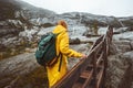 Traveler woman climbing up stairs in rocky mountains Royalty Free Stock Photo