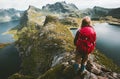 Traveler woman discovering mountains of Norway Royalty Free Stock Photo