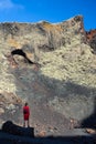 Traveler woman enjoy amazing mountain landscape, Lanzarote, Can