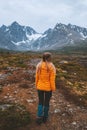 Traveler woman enjoying mountains view outdoor Royalty Free Stock Photo