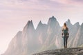 Traveler woman enjoying Okshornan peaks landscape in Norway travel lifestyle