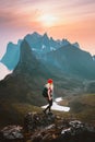 Traveler woman hiking alone in mountains outdoor travel summer vacations healthy lifestyle active girl with backpack Royalty Free Stock Photo