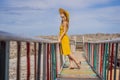 Traveler woman joy fun relaxing on wood bridge looking beautiful destination island. Tourism natural scenic landscape Royalty Free Stock Photo