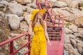 Traveler woman joy fun relaxing on wood bridge looking beautiful destination island. Tourism natural scenic landscape Royalty Free Stock Photo