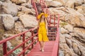 Traveler woman joy fun relaxing on wood bridge looking beautiful destination island. Tourism natural scenic landscape Royalty Free Stock Photo