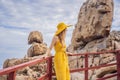 Traveler woman joy fun relaxing on wood bridge looking beautiful destination island. Tourism natural scenic landscape Royalty Free Stock Photo