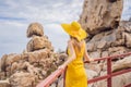 Traveler woman joy fun relaxing on wood bridge looking beautiful destination island. Tourism natural scenic landscape