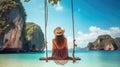 Traveler woman relaxing on swing above Andaman sea Railay beach Krabi, Leisure tourist travel Phuket Thailand summer holiday Royalty Free Stock Photo