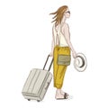 Traveler woman with suitcase and hat illustration.Fashion blogger traveler print. Female on vacation with roller travel
