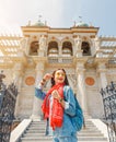 woman at The Varkert Bazaar and the Royal Palace garden pavilion in Budapest, Hungary