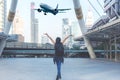 Traveler women plan and backpack see the airplane at the airport in the modern city. Asian freedom and relax on the park city.