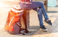 Traveler women wearing backpack waiting