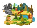 Travelers adventures on forest trail flat design