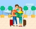 Travelers with Baggage and Map, Airport Vector