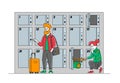 Travelers with Bags Use Luggage Storage Service Put Bags into Numbered Lockers with Keys in Airport or Supermarket