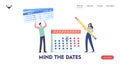 Travelers Booking Flight for Traveling Landing Page Template. Tiny Male Female Characters Circle Date on Huge Calendar Royalty Free Stock Photo