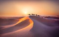 Travelers on camels caravan high dune of calm desert in evening light, AI generated Royalty Free Stock Photo