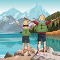 Travelers couple with backpacks and hats with beautiful nature landscape with lake and mountains Royalty Free Stock Photo