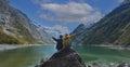 Travelers couple team look on the mountain landscape. Travel and active life concept as Adventure travel Royalty Free Stock Photo