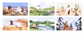 Travelers enjoying scenic view flat vector illustrations set. Young people on adventure cartoon character. Searching for