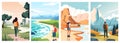 Travelers enjoying view. Cartoon persons enjoying nature and landscape, persons walking in park and camping. Vector