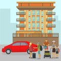 Travelers family or people tourists group with luggage near car, house building vector illustration.