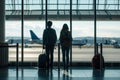 Young couple with luggage in the Airport and background of airplane.