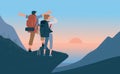 Travelers man and woman with backpack standing of mountain and looking sunrise over the sea. Concept of hiking