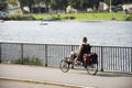 Travelers people riding new design and new innovation bicycle at riverside of Neckar River