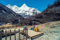 Travelers relaxing with snow capped mountain background to Milk Lake and Five colors lake in Yading Nature Reserve