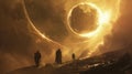 The travelers are small against the vastness of the eclipse gateway highlighting the magnitude of their journey and the