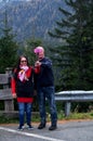 Travelers thai old women mother and senior man german selfie with mobile phone on viewpoint viewpoint of Blindsee lake at Fernpass