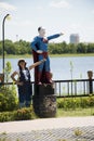 Travelers thai woman posing for take photo with superman thai style