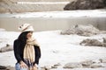 Travelers thai woman travel visit and posing portrait for take photo at view point of Confluence of the Indus and Zanskar Rivers Royalty Free Stock Photo