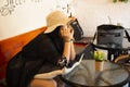 Travelers thai women people rest and sitting with decoration furniture and interior design of local coffee shop