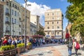 Travelers and tourists wait in the long line to enter the Galata Tower in Istanbul, Turkey.