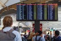 Travelers View A Flight Departures Board Royalty Free Stock Photo