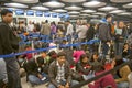 Travelers waiting in airport at snowstorm