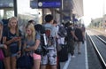 Travelers waiting for train in overcrowded station Royalty Free Stock Photo